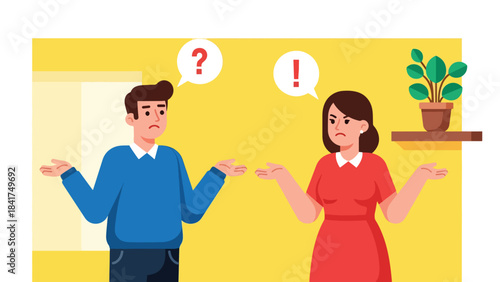 Modern flat illustration of a couple feeling confused during a discussion, ideal for communication topics, relationship psychology, and emotional awareness