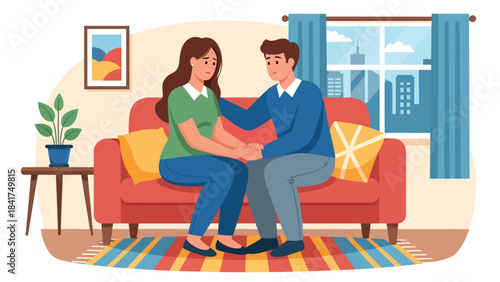 Flat vector artwork of a couple supporting each other through anxiety, ideal for mental health education, emotional wellbeing visuals, and relationship care