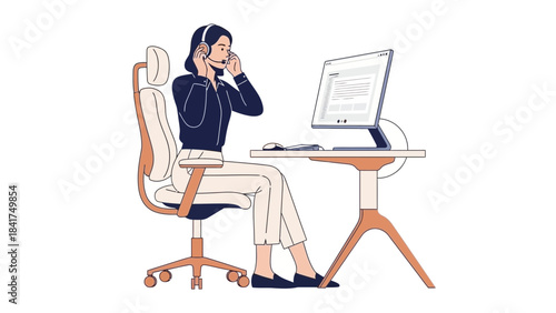 Customer service representative working at a desk on the phone with headset and computer