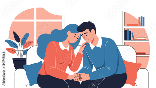 Flat vector artwork of a couple supporting each other through anxiety, ideal for mental health education, emotional wellbeing visuals, and relationship care