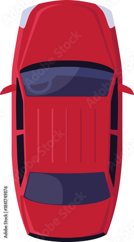 Red car top view, urban civilian vehicle for driving, vector cartoon automobile sedan car, auto transport from above