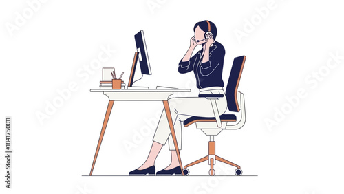 Illustration of a customer service representative wearing a headset at her workplace