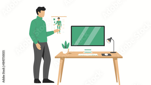 Illustration of a doctor explaining human anatomy chart next to a computer