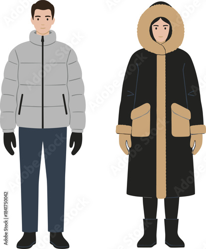 Man wearing an olive green hooded puffer jacket thick warm knitted beanie hat gloves and dark trousers for comfortable protection from the cold winter weather