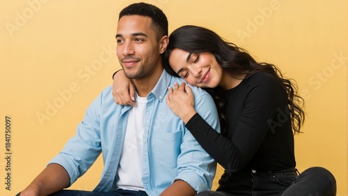 Affectionate young mixed-race couple embracing on a yellow background. Happy woman resting her head on her man's shoulder. Love, intimacy and relationship concept with copy space