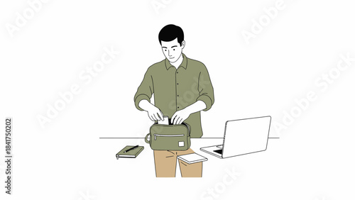 Illustration of a man organizing items in a bag with a laptop and notebook nearby