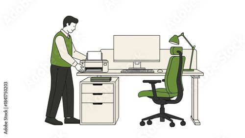 Illustration of a man near his office desk with a computer and a printer in the workplace
