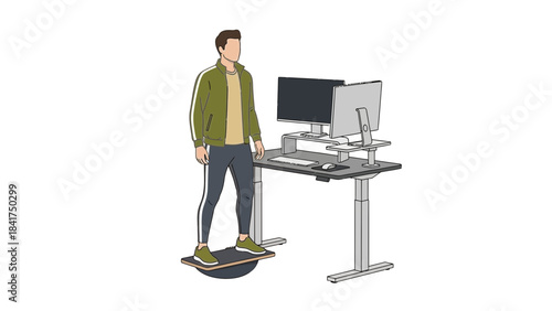 Illustration of a Man Using a Standing Desk and Balancing Board for Work