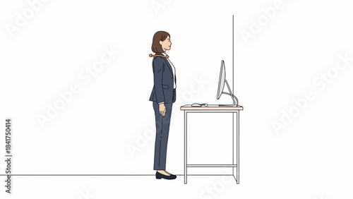 Illustration of a standing businesswoman near the computer, posture correction