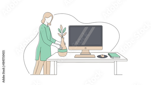 Illustration of a woman arranging a vase of plants and a computer on a desk