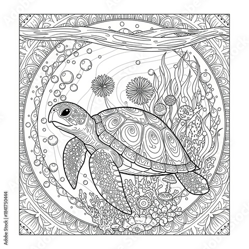 Surreal Ocean Coloring Sheet Organic Patterns Hand Underwater drawn [Subject] illustration with flowing organic swirls. Abstract decorative line art design on white background.
