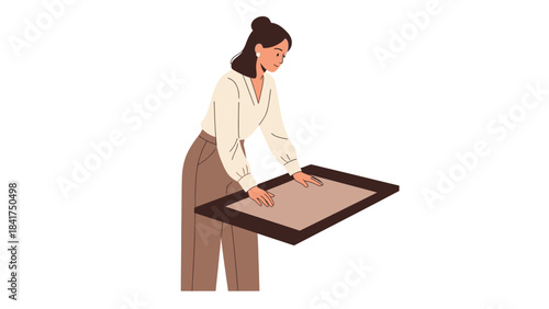 Illustration of a woman holding a large rectangular object with both of her hands