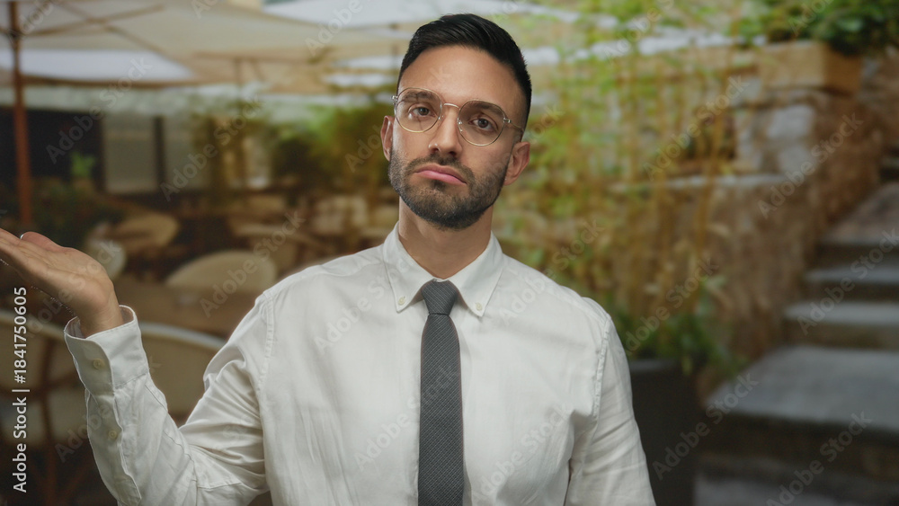 Naklejka premium Young hispanic man in glasses and tie standing on outdoor restaurant terrace with tables, showcasing modern casual style and vibrant ambiance in urban setting.