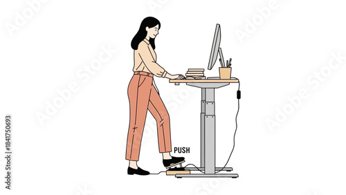 Illustration of a woman using a standing desk with a foot pedal illustration