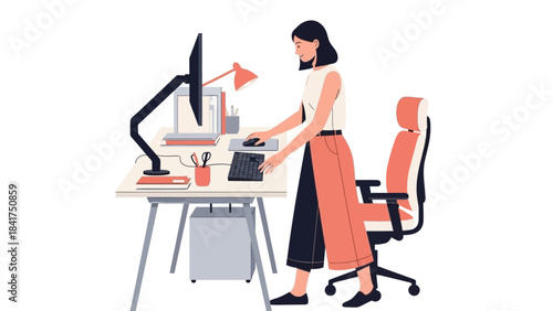 Illustration of a Woman Working at a Desk in a Modern Office Environment