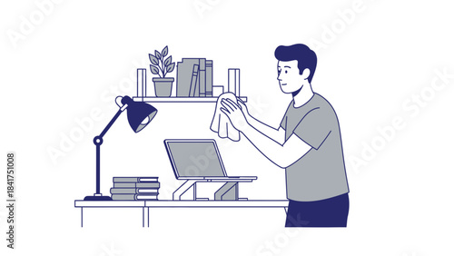Man cleaning his workspace at home, illustration of a clean desk and lifestyle