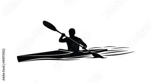 A dynamic depiction of a kayaker navigating waves rendered as a striking black silhouette