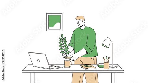 Man Decorating Office Desk with Plant Amidst Laptop and Stationery Accessories
