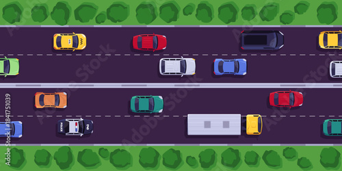 Asphalt road with dividing lines top view, highway with cars, van, truck from above, vector four-lane traffic road above
