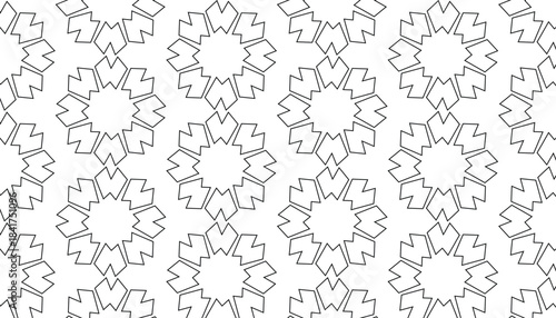 Seamless geometric star pattern with angular repeating motifs in continuous monochrome outline style