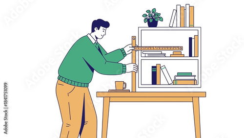 Man measuring a bookshelf with a ruler, home improvement concept illustration graphic design