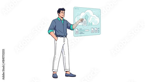 Man showing cloud data transfer on screen, technology and online storage concept