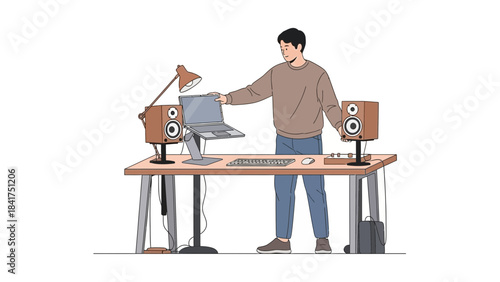 Man setting up studio equipment, with laptop and speakers ready for recording and creation