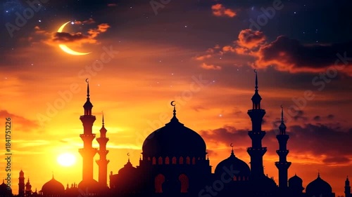 Silhouette of a mosque at sunset with crescent moon and stars in the sky