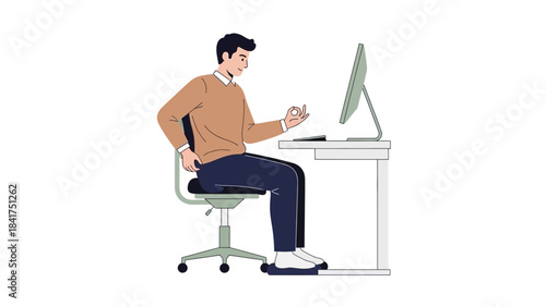 Man working in front of a computer, creating a positive and successful outlook