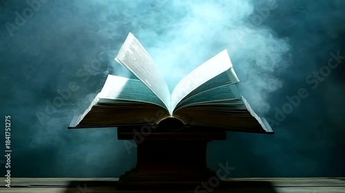 An open book on a pedestal with smoke rising from the pages in a dark mystical setting