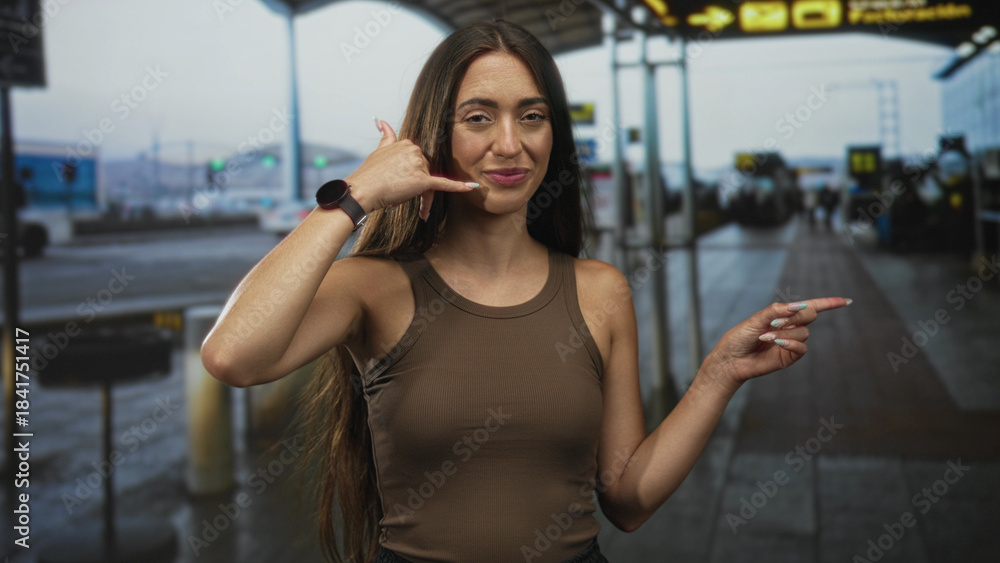 Fototapeta premium Woman wearing brown tank top holding hand to ear in call gesture and pointing with other hand at airport terminal curbside; friendly travel.
