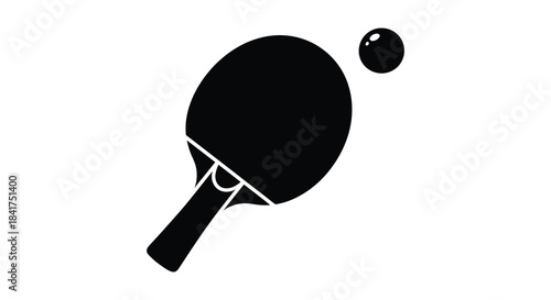 A striking black silhouette of a table tennis paddle and ball in mid air silhouette