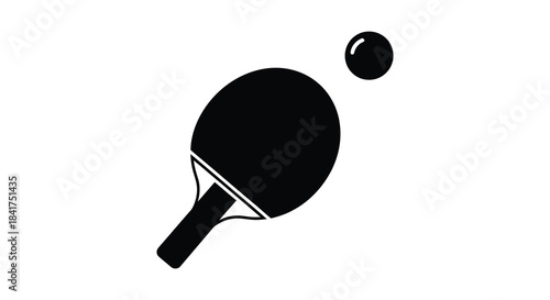 A striking black silhouette depicting a ping pong paddle and ball in mid air silhouette