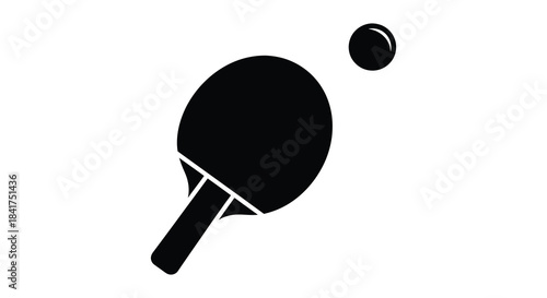 A simple depiction of a table tennis paddle and ball in stark contrast a silhouette