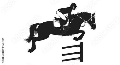 A dynamic image of a horse and rider mid jump over a fence presented as a silhouette
