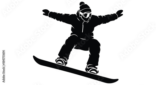 A dynamic black silhouette of a snowboarder mid air showcasing winter sports action and energy silhouette