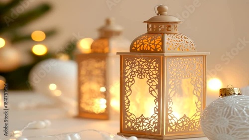Golden lanterns with white Christmas ornaments on a table with fairy lights