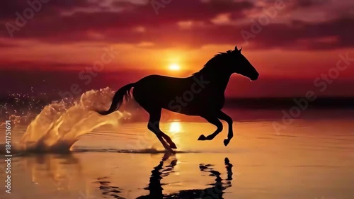 Silhouette horse running on wet beach at sunset with reflection on water, dramatic warm motion