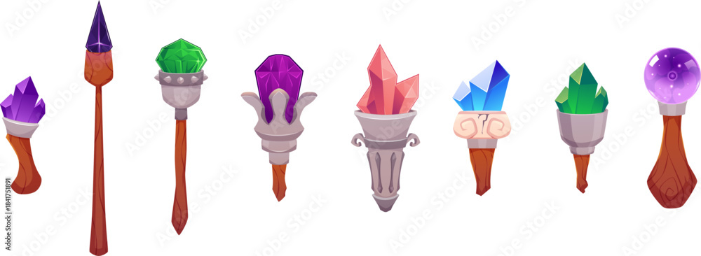 Obraz premium Magic wand wooden stick, stone with crystal vector set, cartoon wizard or witch rod with glowing gem, game fantasy torch