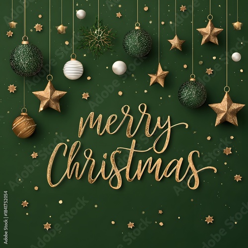 Merry Christmas Greeting with Gold Ornaments and Stars on Dark Green Background for Holiday Design

