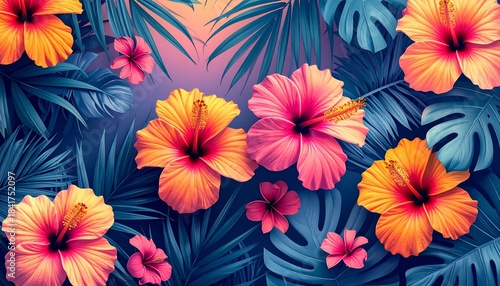 Tropical floral pattern with hibiscus and palm leaves on gradient background showcasing bold color and botanical elegance