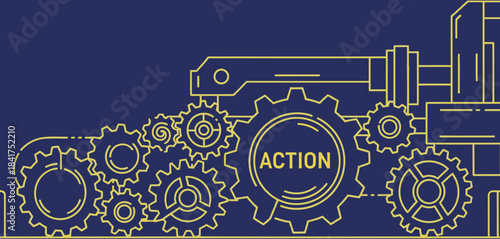 A stylized illustration depicts industry's core ? action ? through interlocking gears. Bold ?ACTION? text centers the design, conveying momentum and industrial power. Modern, graphic style.