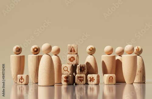 Wooden People with Business Icon Cubes – Teamwork, and Success Concept. The scene symbolizes people working together to build ideas, manage resources, and achieve common goals in business 3D rendering