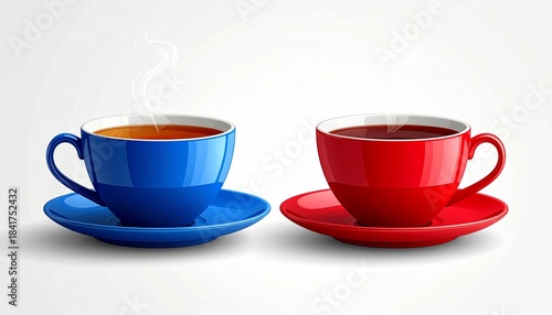 Blue and red ceramic cups with hot beverages and steam rising showcasing warmth freshness and color contrast