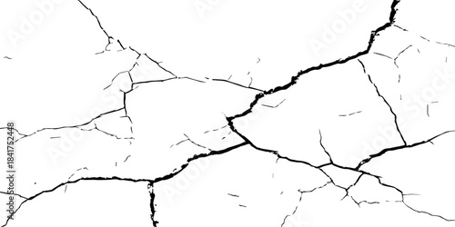 High-contrast cracked texture on a white background, featuring distressed lines and natural fracture patterns. Perfect for backgrounds, overlays, grunge design, and abstract artistic projects.
