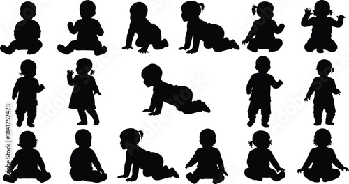 Baby Silhouettes Vector Bundle: Collection of Infants in Various Poses like Sitting, Crawling, Standing, and Playing, Ideal for Developmental and Educational Designs.