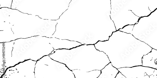 High-contrast cracked texture on a white background, featuring distressed lines and natural fracture patterns. Perfect for backgrounds, overlays, grunge design, and abstract artistic projects.