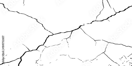 High-contrast cracked texture on a white background, featuring distressed lines and natural fracture patterns. Perfect for backgrounds, overlays, grunge design, and abstract artistic projects.