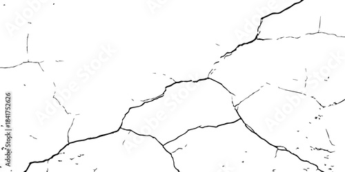 High-contrast cracked texture on a white background, featuring distressed lines and natural fracture patterns. Perfect for backgrounds, overlays, grunge design, and abstract artistic projects.