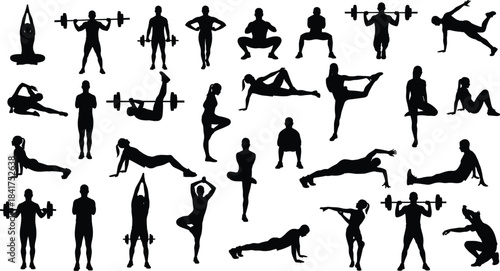Black Silhouette Set of People Exercising Yoga, Bodybuilding, Fitness, and Training Poses for Healthy Lifestyle and Workout Routine Vector Illustration.